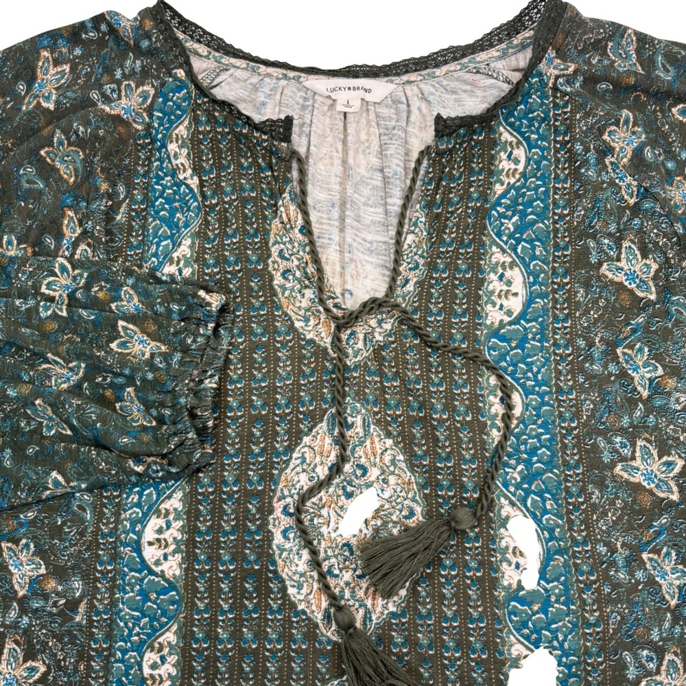 Lucky Brand Women Large Peasant Top Green Blue Paisley Tassel Tie Boho Blouse